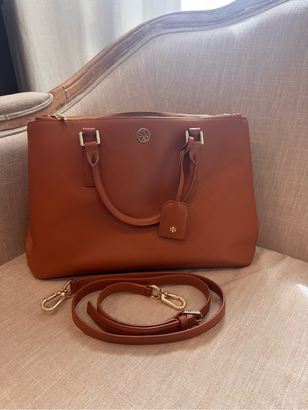 Tory Burch Cognac Leather Satchel with Detachable Strap